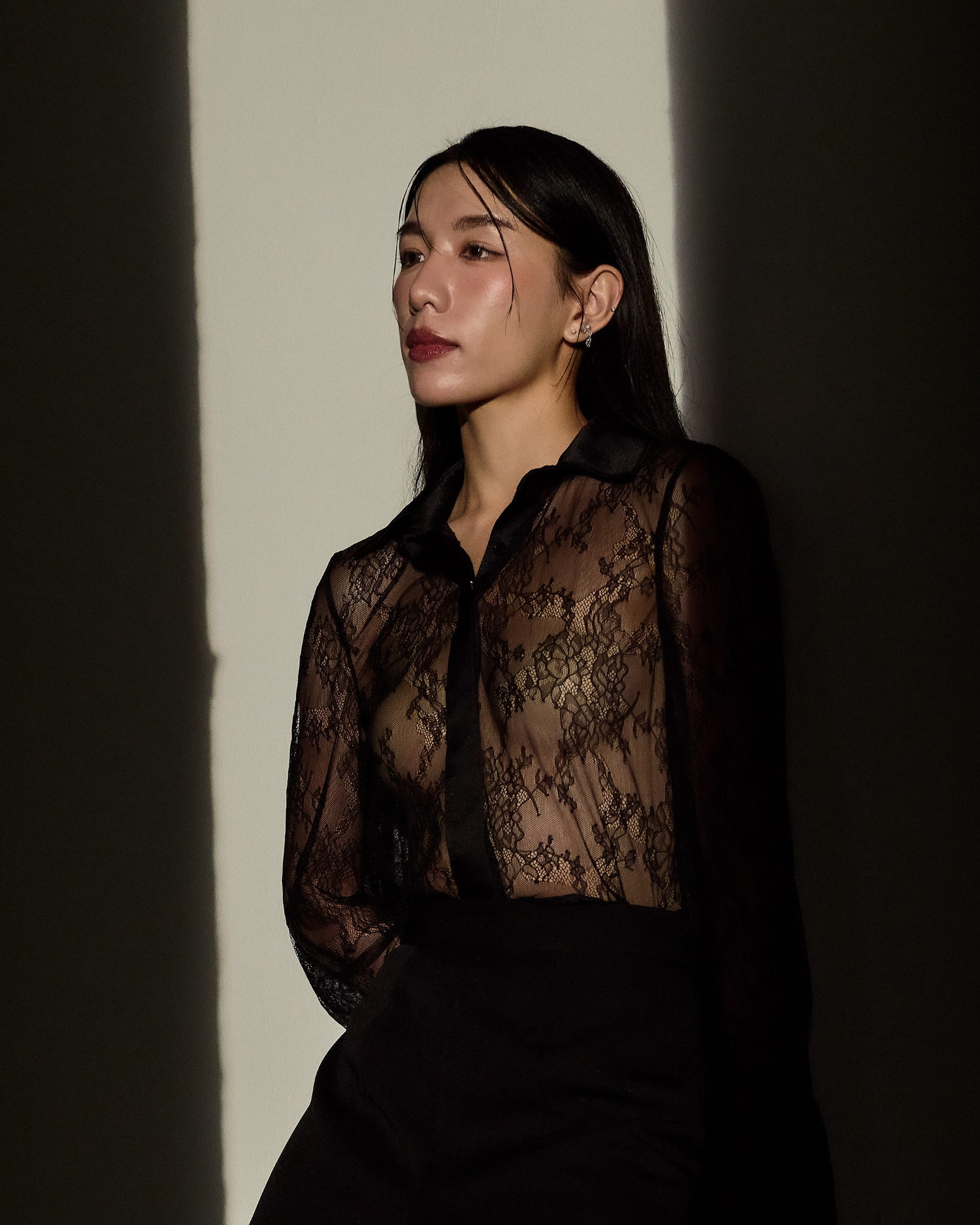 Moirae Pandora Lace Shirt, a custom made button shirt made with sheer black lace. 